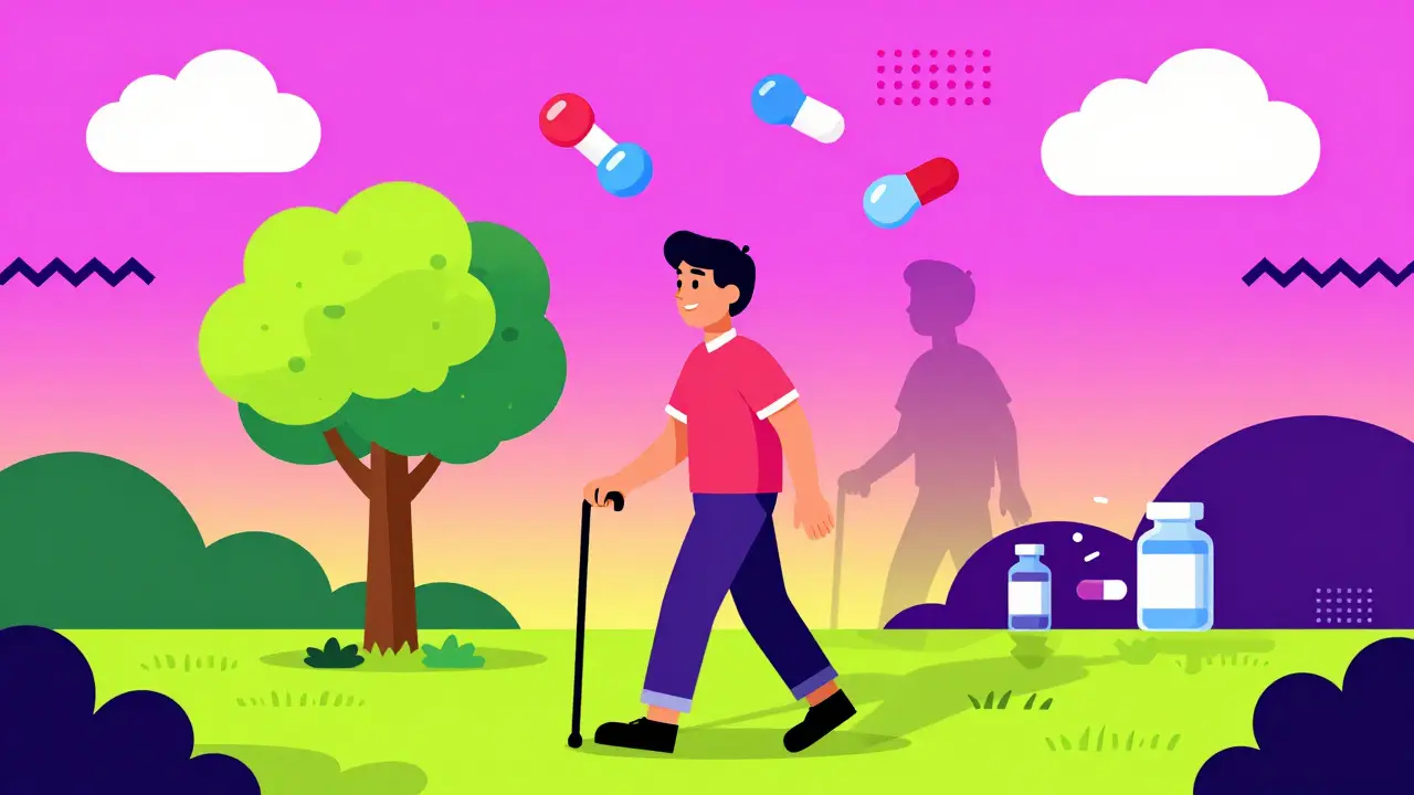 Persona caminando en parque, sombra del pasado desaparece mientras el cuerpo se recupera.