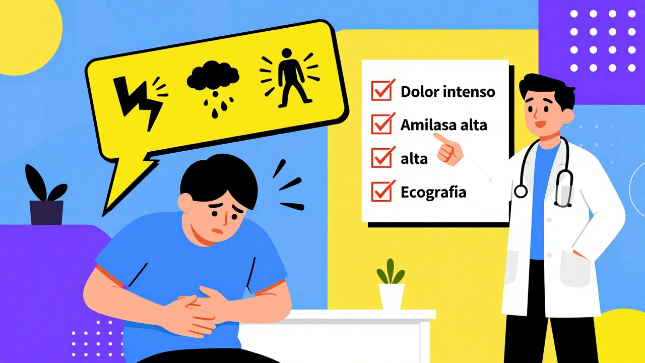 Persona con dolor abdominal y señales de alerta en estilo ilustrado Memphis.