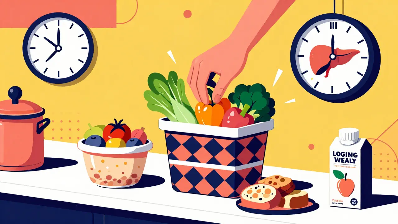 Persona en cocina reemplazando comida chatarra por alimentos saludables en envases estilizados.