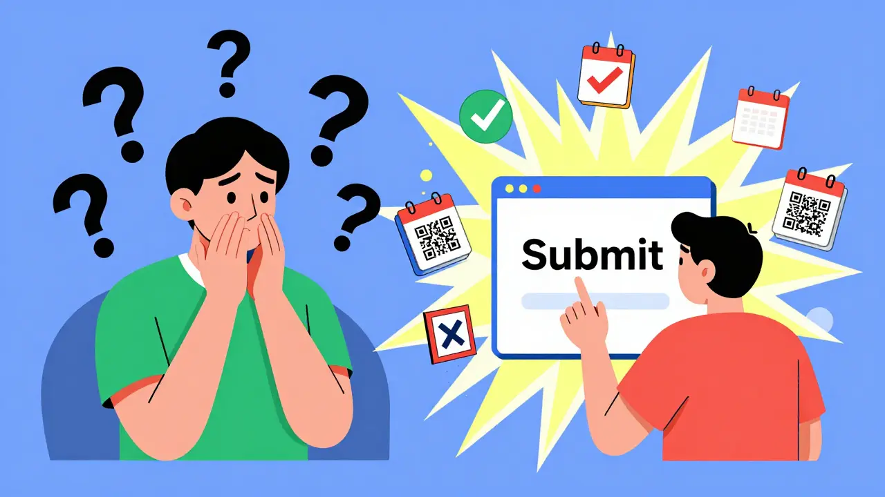 Persona pasando de la duda a la acción al enviar un reporte de efecto adverso, con luces y códigos QR en estilo Memphis.