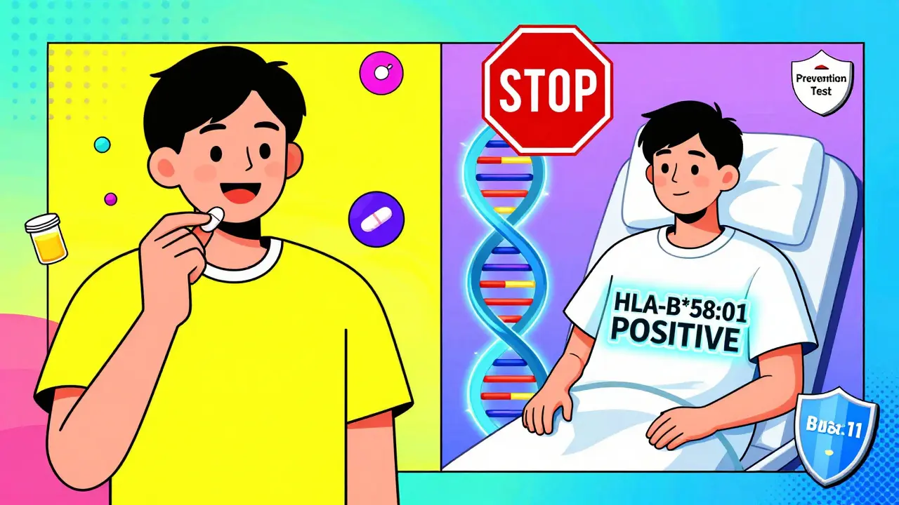 Persona tomando pastilla mientras un gen de riesgo se ilumina, con una señal de alto y prueba preventiva.