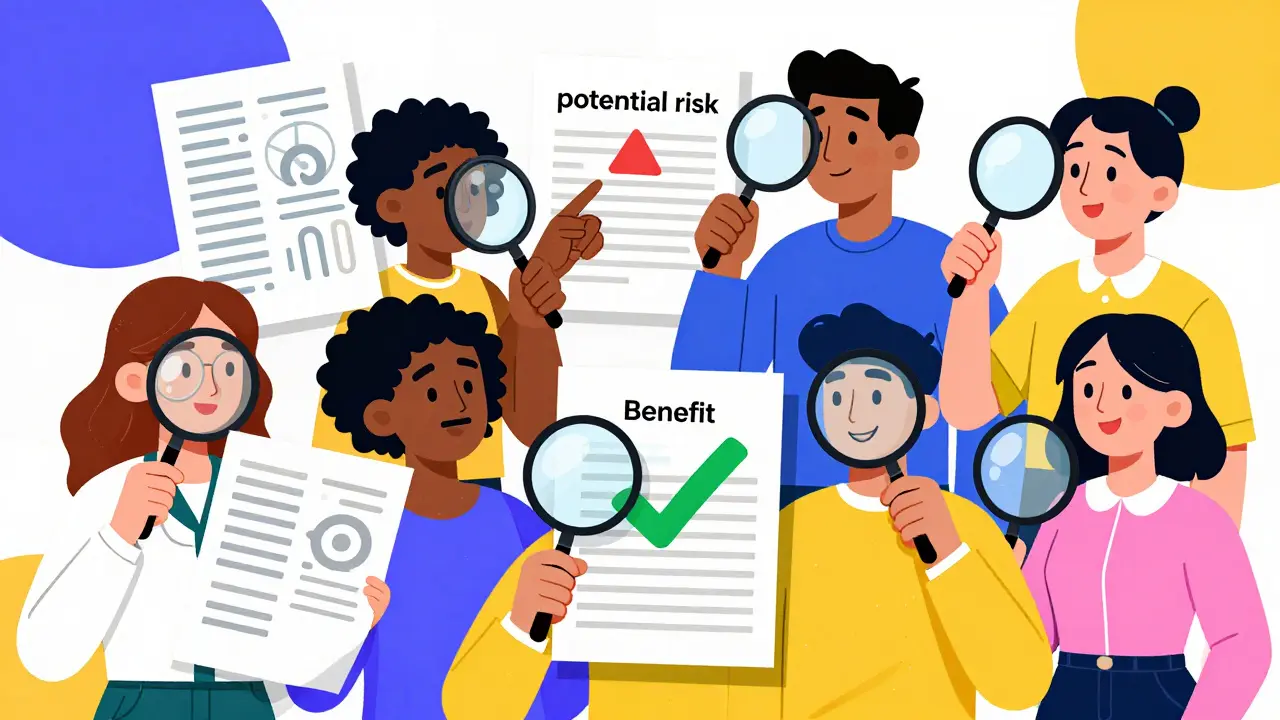 Personas examinan informes médicos con lentes de aumento, entre símbolos de riesgo y beneficio.