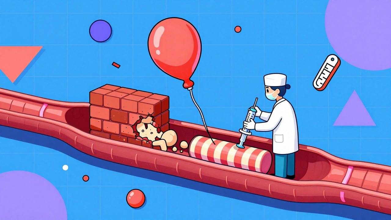 Procedimiento de angioplastia en una arteria tipo caramelo, con un globo aplastando una placa y símbolos médicos flotando en un fondo geométrico.