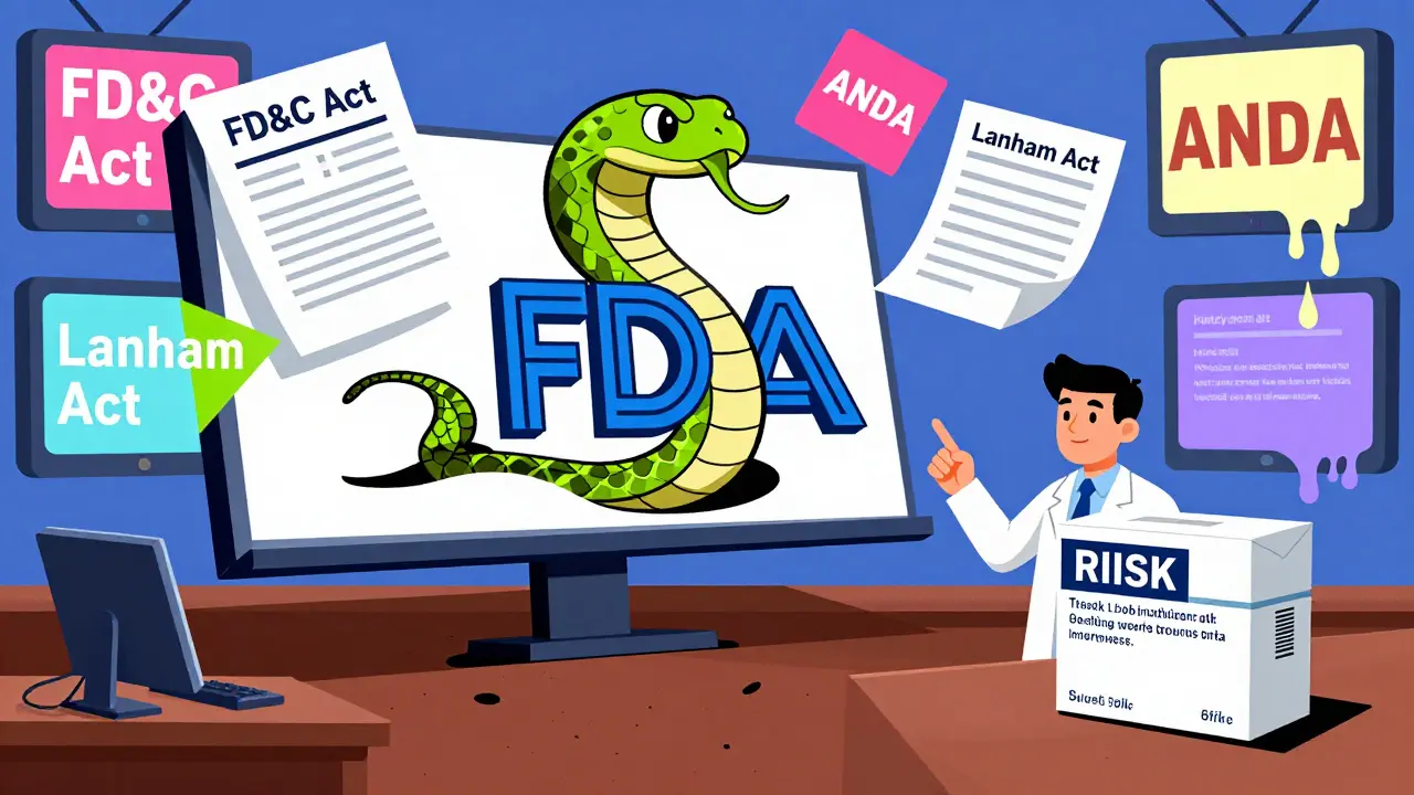 Tribunal donde la FDA destruye un anuncio engañoso, con documentos legales y un farmacéutico señalando un genérico correcto.