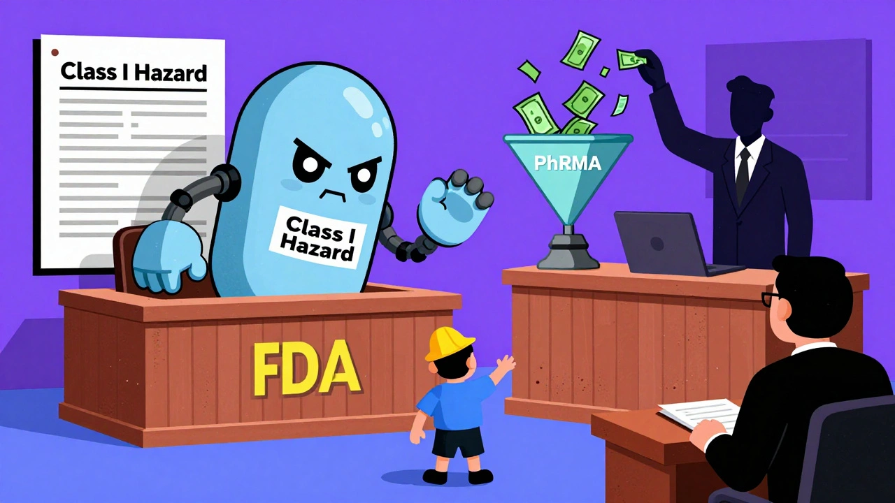 Un agente de la FDA en una corte pide una orden para detener un medicamento peligroso, mientras un lobbista lanza dinero.