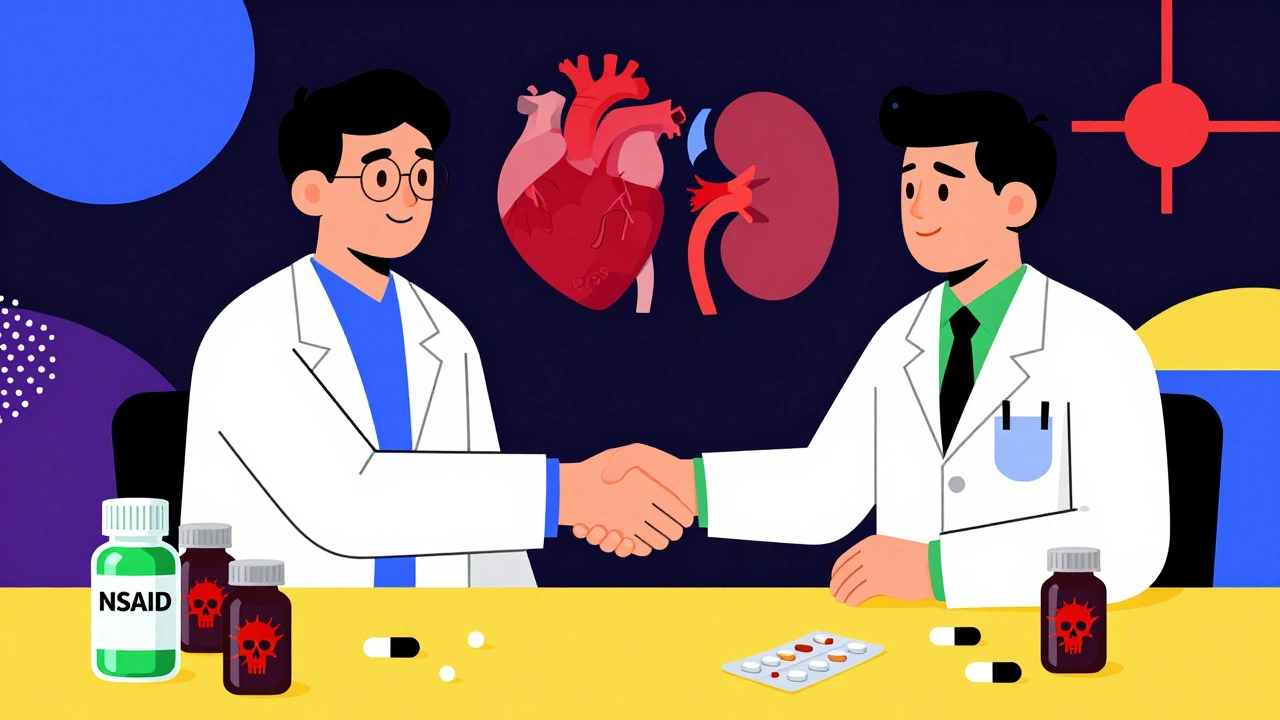 Un médico y paciente frente a pastillas peligrosas, con paracetamol como única opción segura, estilo Memphis.