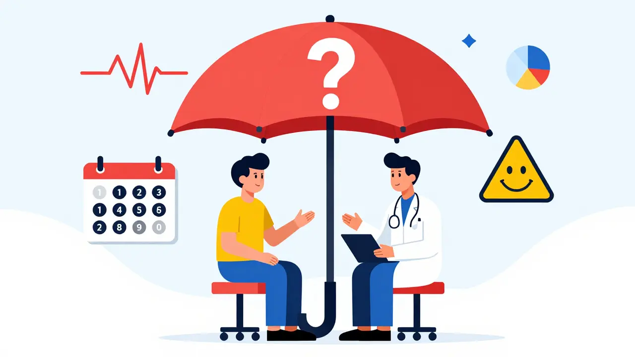 Un paciente y médico conversan bajo un paraguas de signo de interrogación, con íconos médicos flotantes.