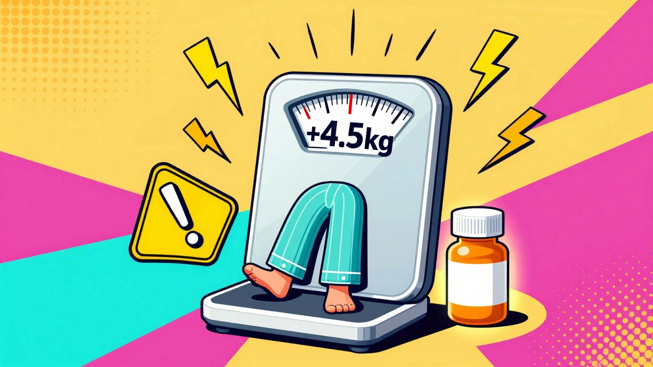 Una persona pesa y sube 4.5 kg, con una botella de paracetamol segura al lado, estilo Memphis.