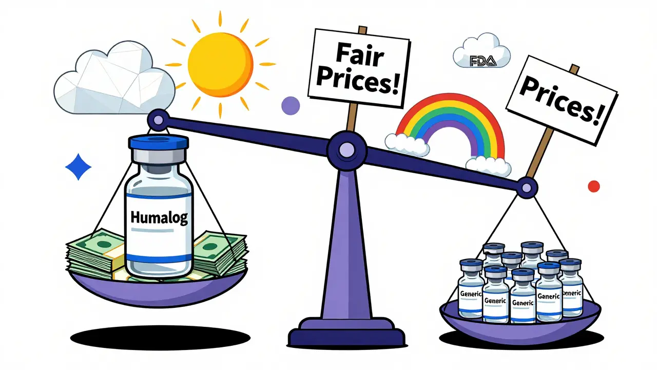 Balanza gigante: un frasco de insulina cara pesa mucho, mientras múltiples genéricos la levantan con símbolos de ahorro y felicidad.