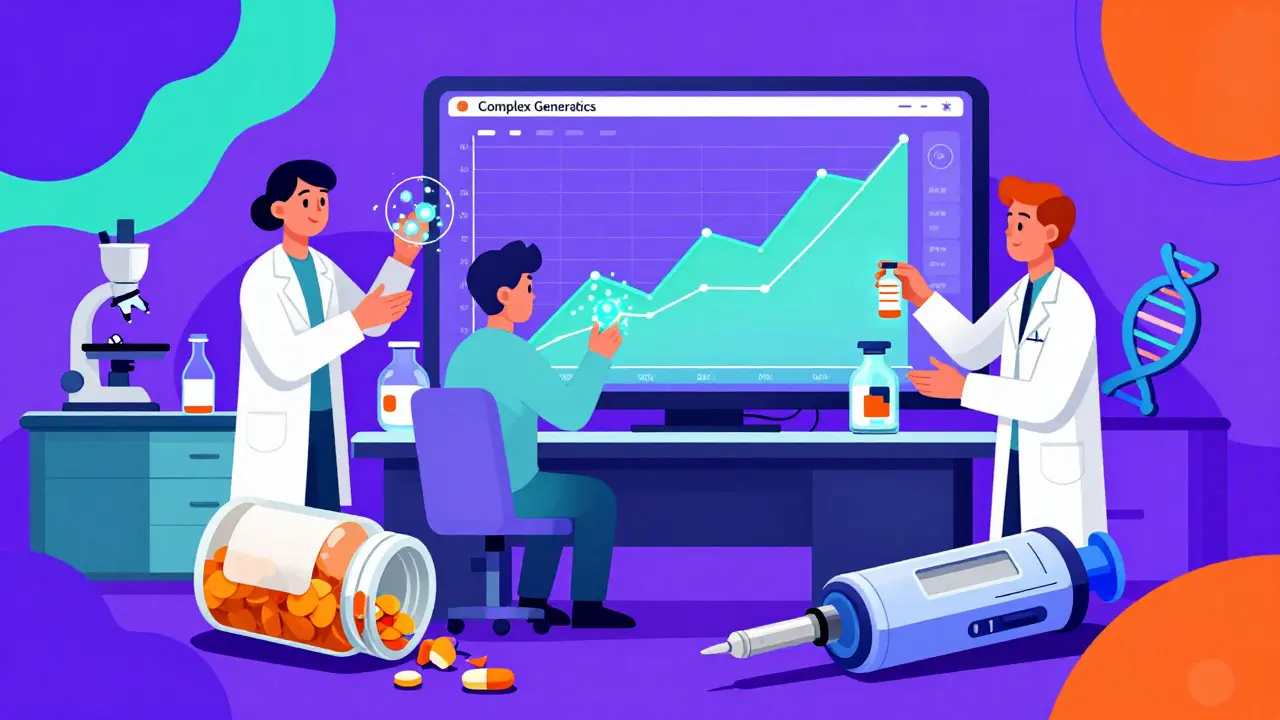 Científicos trabajan con tecnología avanzada para crear genéricos complejos en un laboratorio colorido.