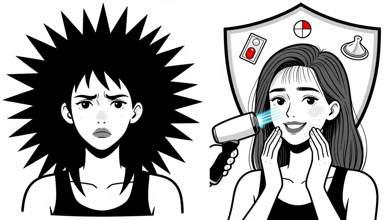 Comparación antes y después del hirsutismo: vello grueso vs. vello fino, con tratamiento y protección anticonceptiva.