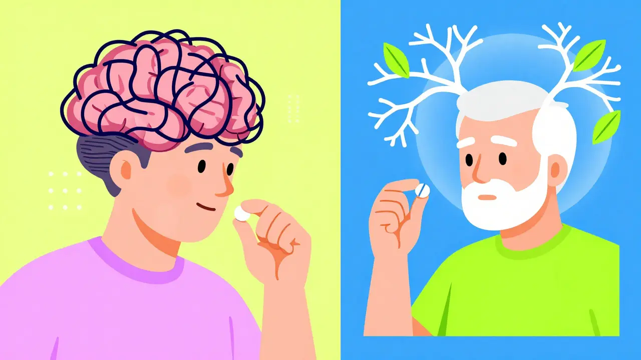 Comparación visual entre medicamento peligroso y seguro para mayores, con redes cerebrales en estilo geométrico.