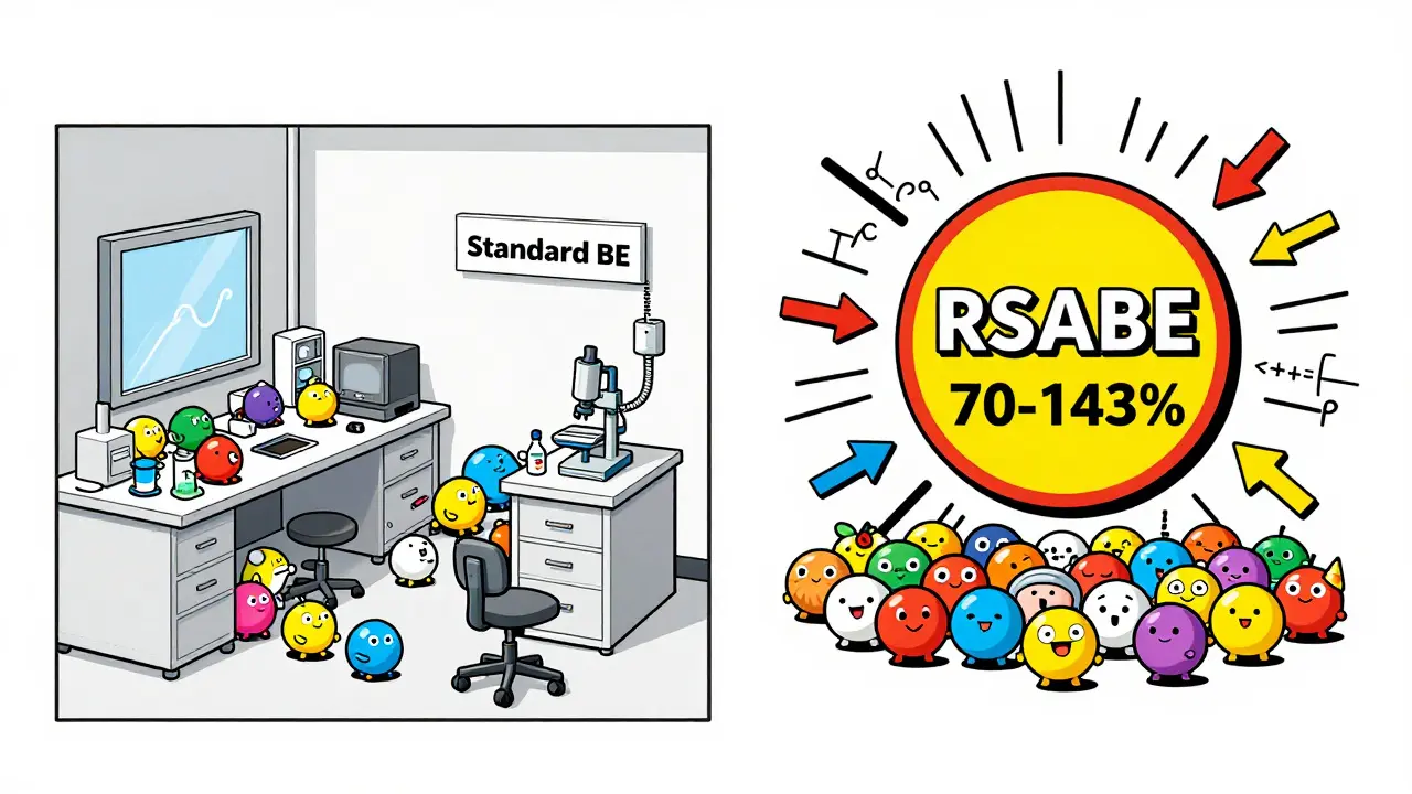 Comparación visual entre un estudio tradicional con muchos sujetos y uno RSABE con pocos, en estilo Memphis con colores vibrantes y formas abstractas.