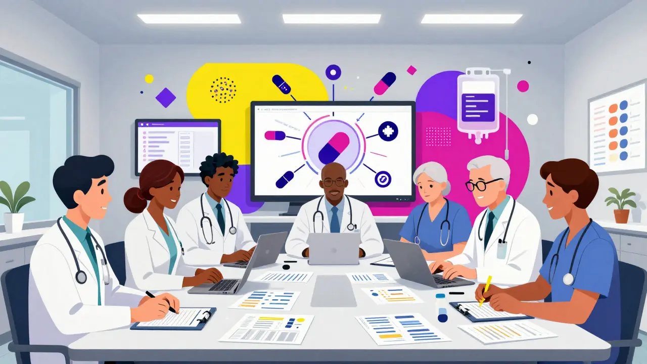 Equipo hospitalario discute intercambios terapéuticos en reunión con gráficos y símbolos abstractos.