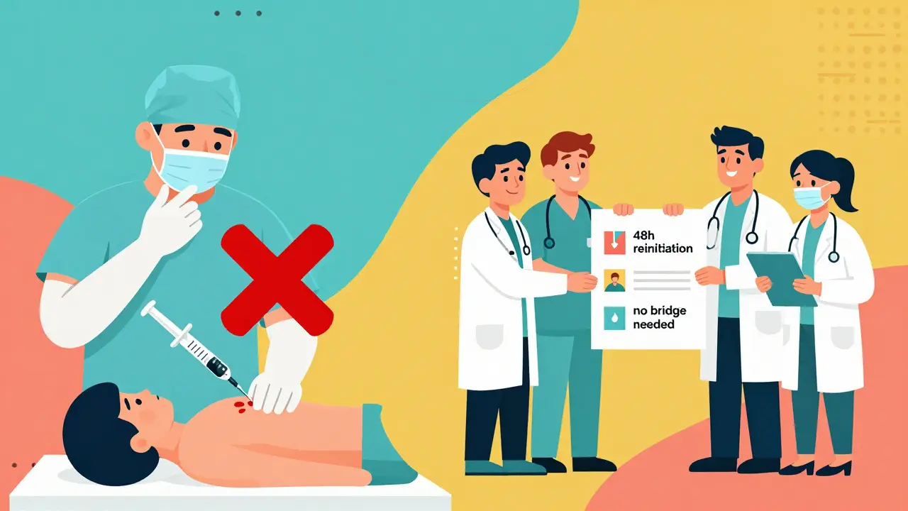 Equipo médico colaborando en un entorno abstracto con símbolos de reanudación segura de anticoagulantes.