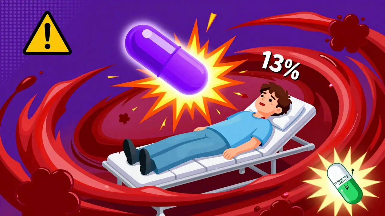 Escena de emergencia con antídoto y riesgo de coágulo representado en estilo geométrico y colores intensos.