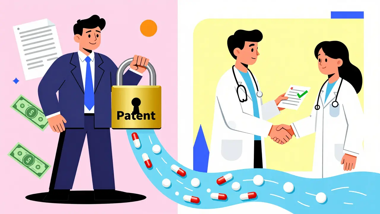 Escena dividida: ejecutivo farmacéutico con patentes vs. médico y paciente con receta genérica y ahorros fluyendo como río.