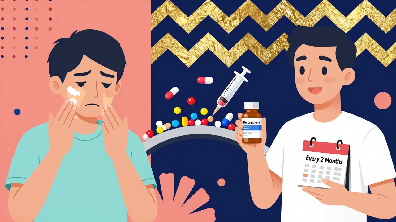 Escena dividida: paciente antes y después del tratamiento, con píldoras y calendario en estilo Memphis.