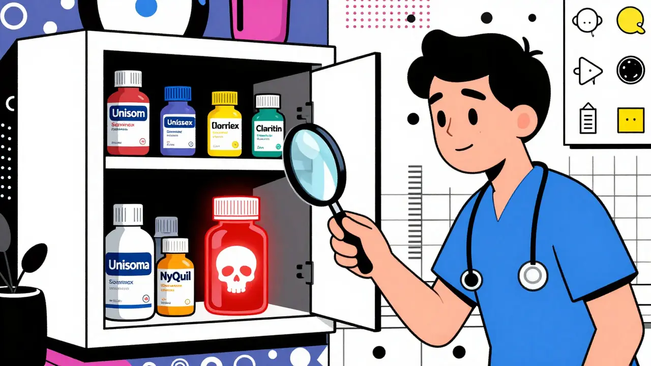 Gabinete de medicinas con fármacos riesgosos y alternativas seguras en diseño gráfico colorido y moderno.