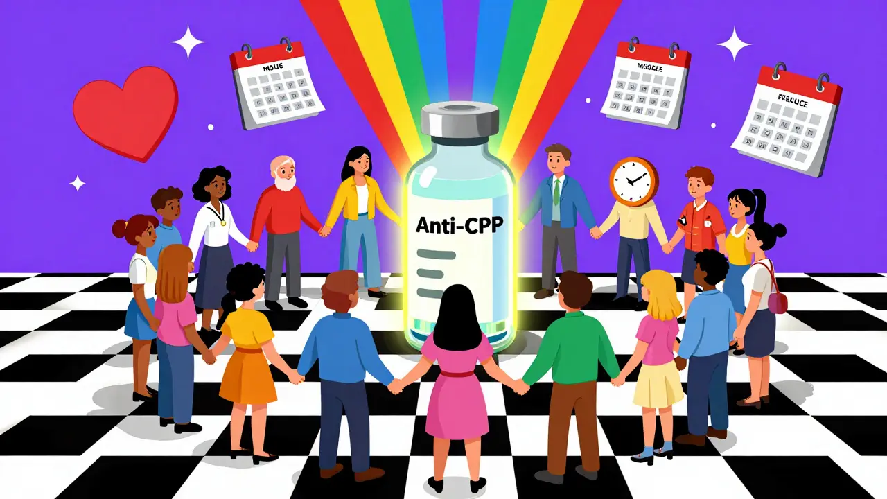 Grupo de personas unidas alrededor de una inyección anti-CGRP con calendarios de reducción de dolor en estilo Memphis.