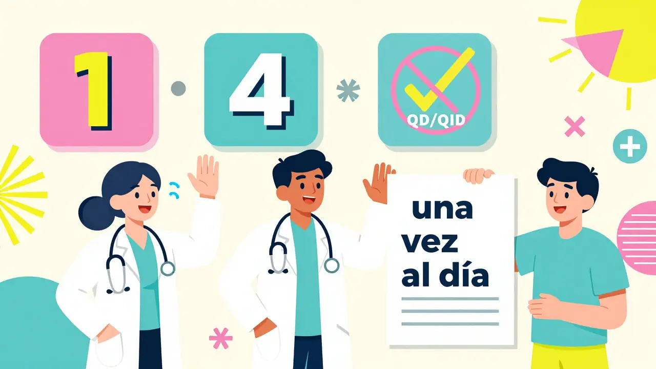 Iconos claros de 1 y 4 reemplazan QD/QID en una pared hospitalaria, con profesionales celebrando.