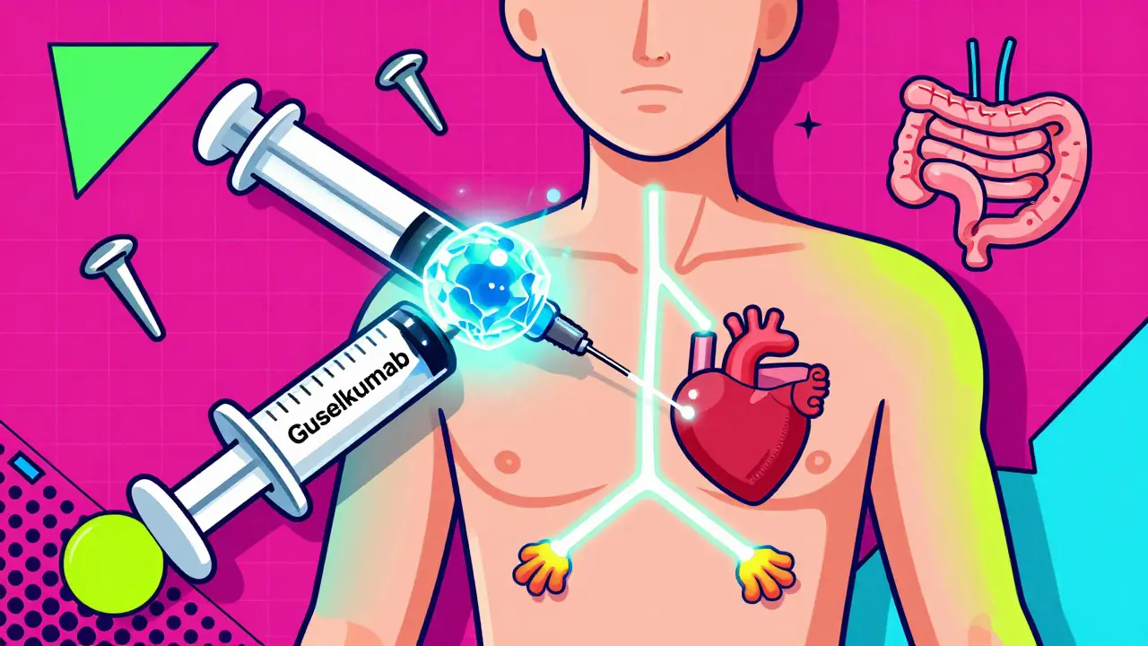 Jeringa inyectando una molécula brillante que conecta con articulaciones y corazón, en colores vibrantes y geométricos.