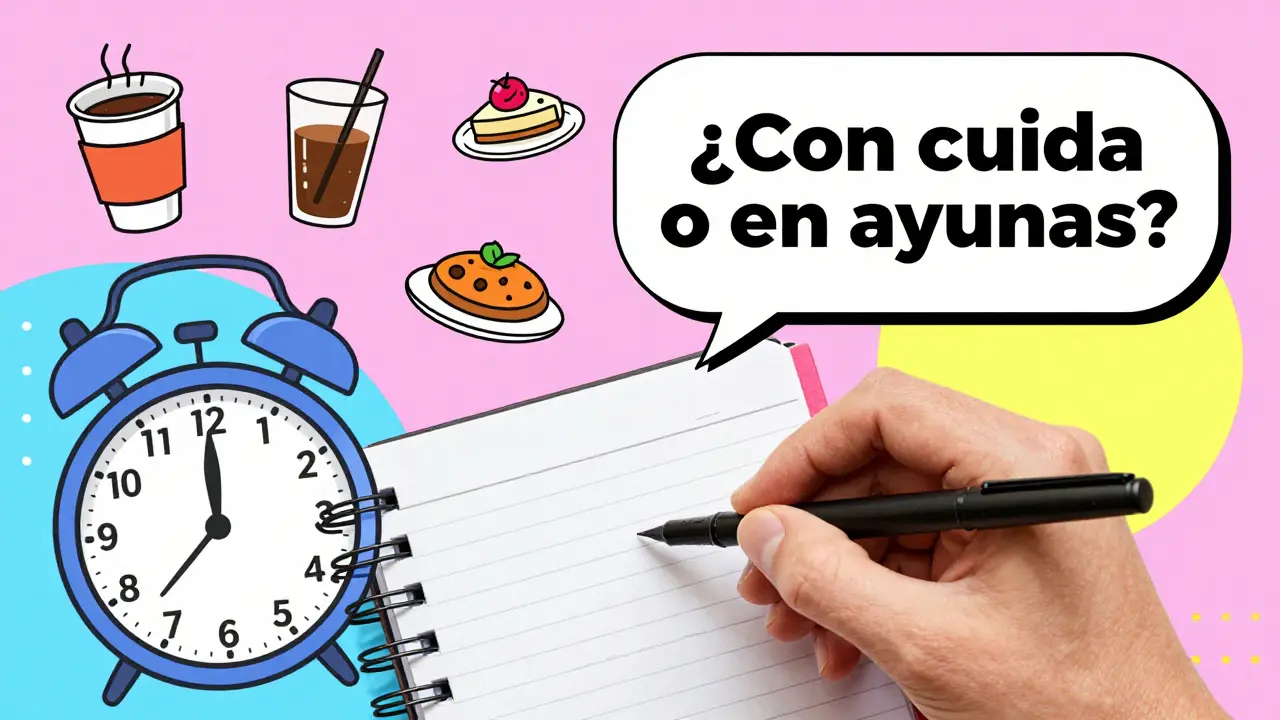 Mano escribiendo horarios de toma de medicamentos con íconos de comida y bebida en estilo geométrico.