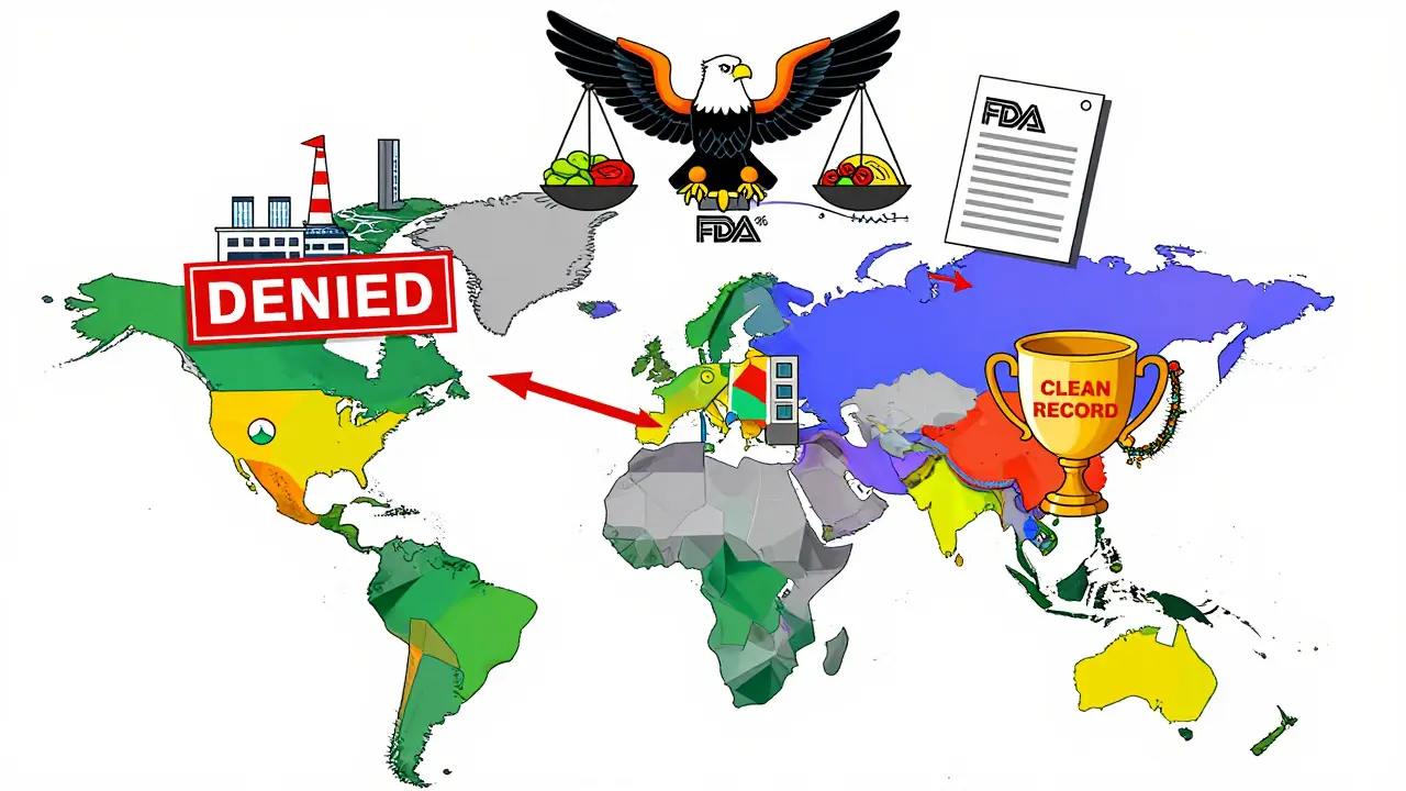 Mapa global con fábricas conectadas a EE.UU., una rechazada y otra premiada en estilo Memphis.