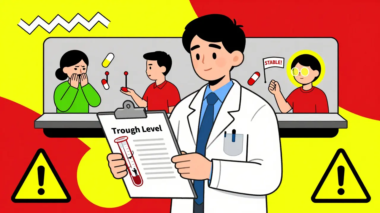 Médico con análisis de sangre mientras pacientes cambian de genéricos con síntomas de toxicidad.