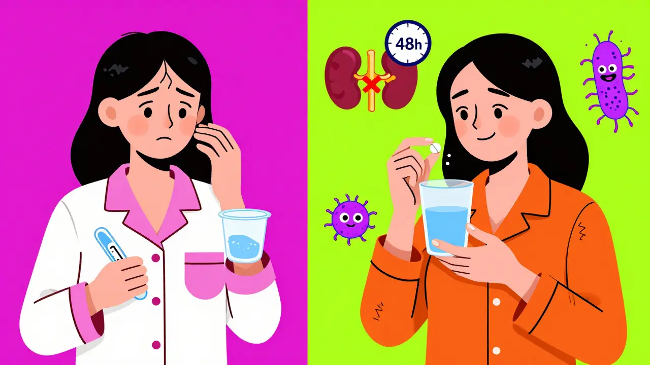 Mujer con síntomas de infección a un lado y tratamientos efectivos al otro, con íconos de medicamentos y órganos en estilo geométrico colorido.