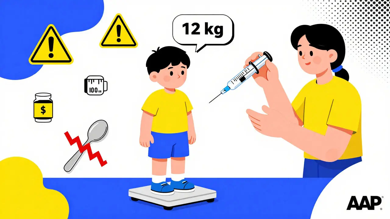 Niño en una balanza, padre mide medicamento con jeringa mientras una cuchara de cocina está tachada.