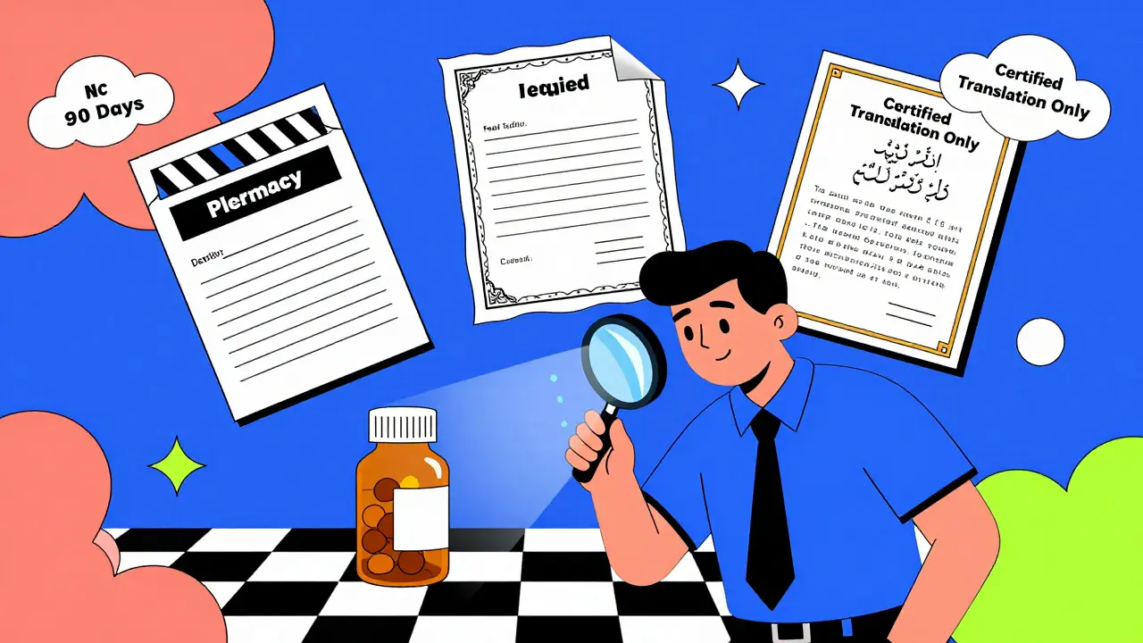 Oficial de aduanas examina receta, etiqueta y traducción certificada con detalles geométricos brillantes.