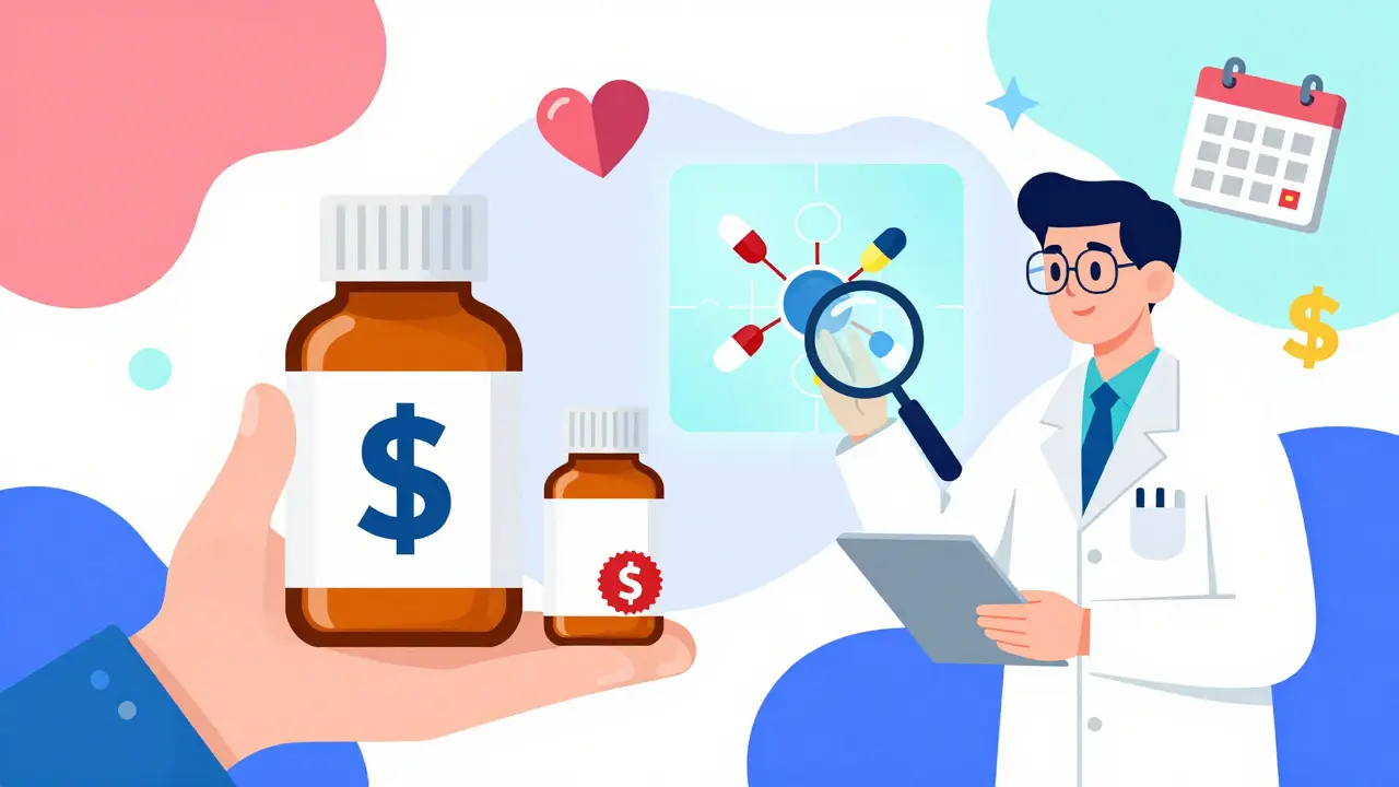 Paciente comparando pastilla de marca y genérica, con farmacéutico analizando interacciones medicamentosas.