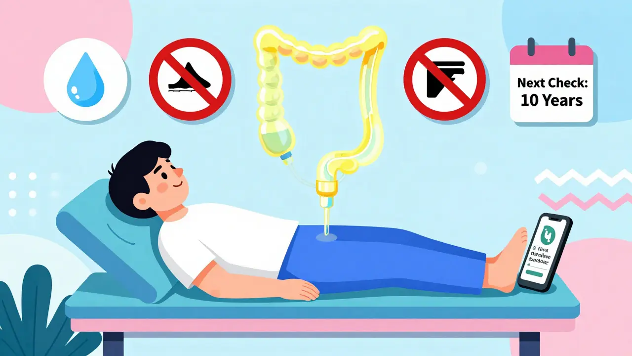 Paciente descansando con colon limpio y recordatorios visuales de cuidados posteriores.