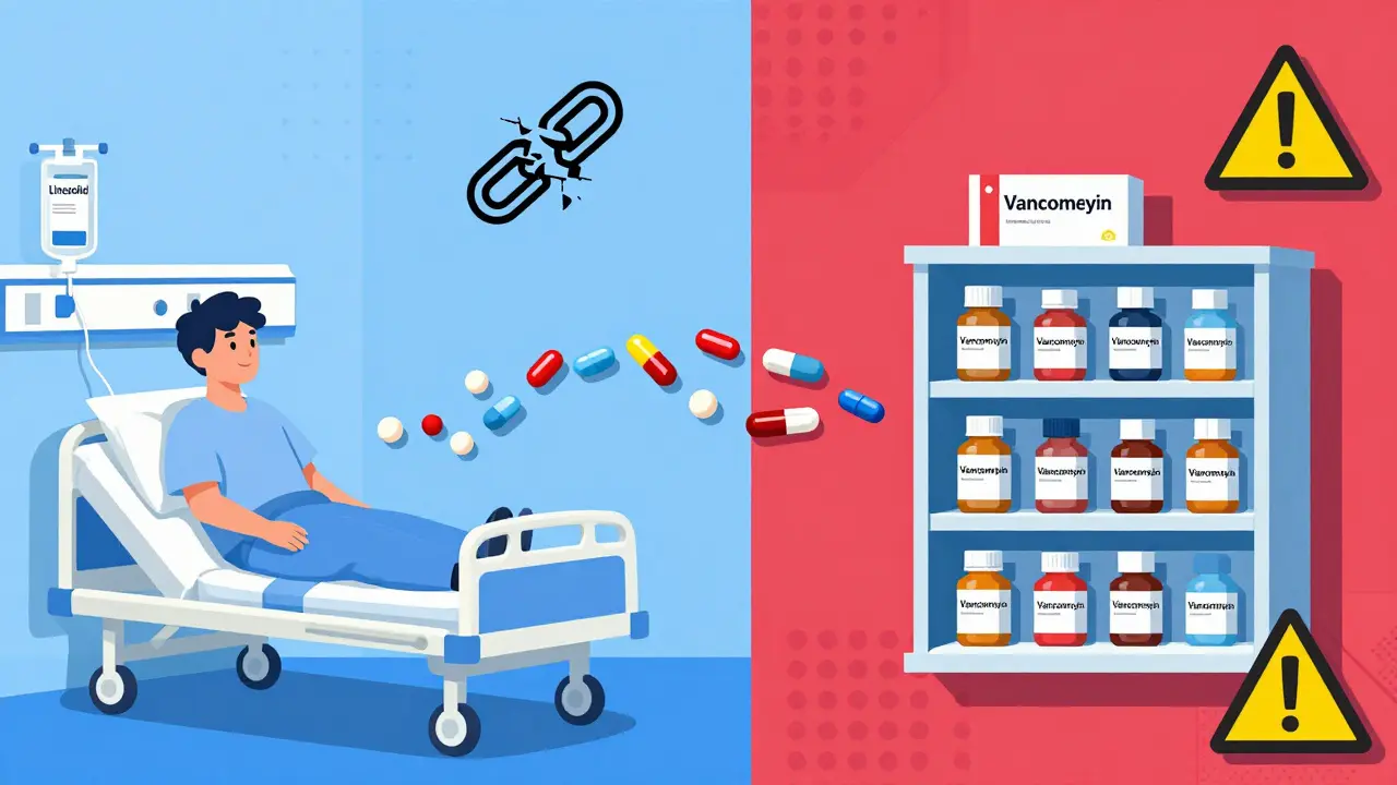 Paciente pasa de hospital a farmacia con medicamentos desalineados, simbolizando brecha en comunicación.