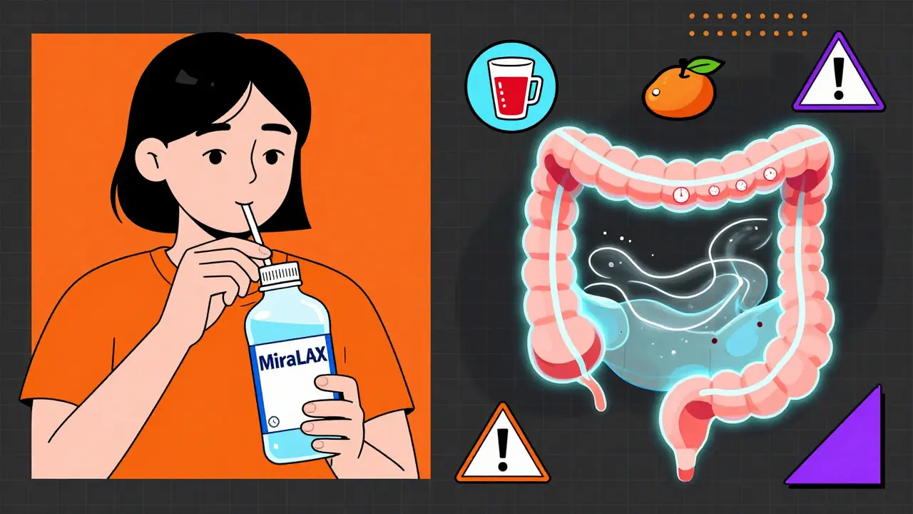 Paciente tomando laxante lentamente con relojes y colon limpio ilustrado en estilo Memphis.
