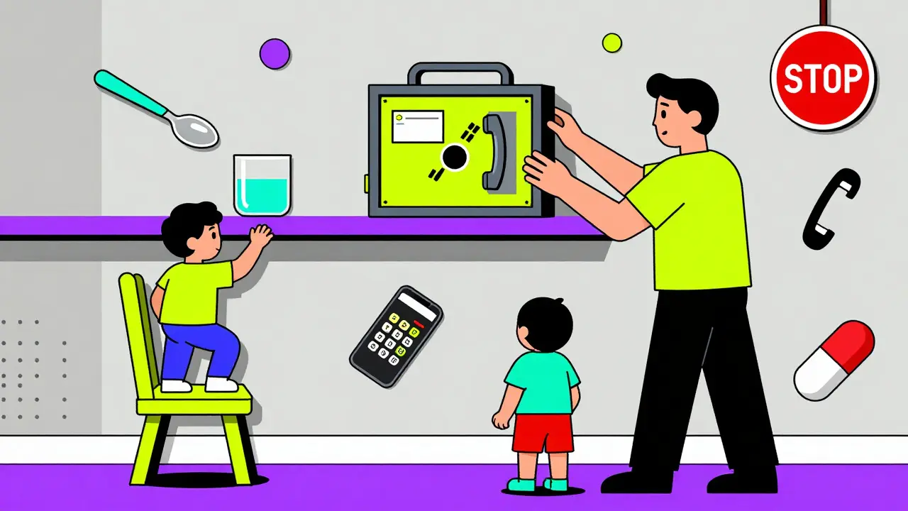 Padre cerrando una caja de seguridad con código mientras un niño observa, con iconos de prevención flotando.