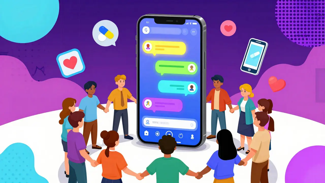 Pantalla digital flotando sobre un grupo humano unido, símbolos de conexión y medicación en estilo vibrante.