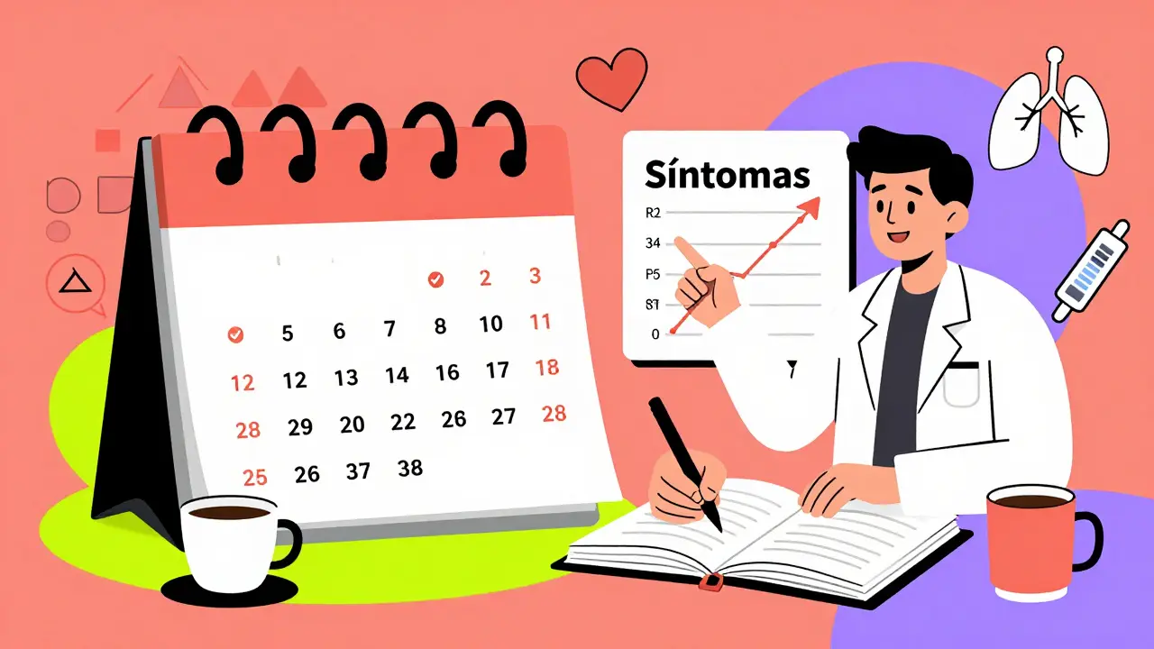 Persona anotando síntomas junto a farmacéutico y niveles estables de TSH en fondo geométrico.