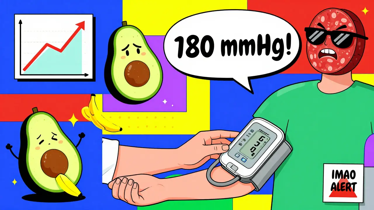 Persona midiendo presión arterial con íconos de alimentos y gráficos de emergencia en estilo cartoon.