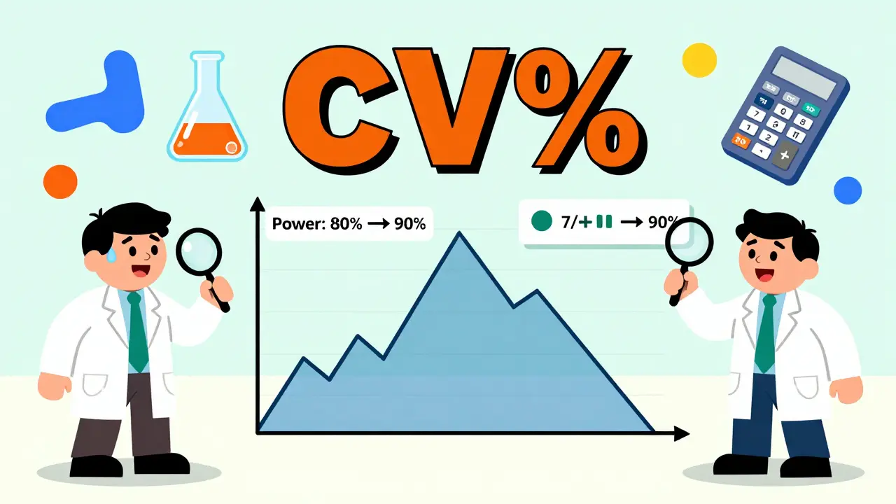 Personajes cartoon en un ensayo clínico observando distribuciones log-normales y ajustando la potencia estadística con elementos geométricos coloridos.
