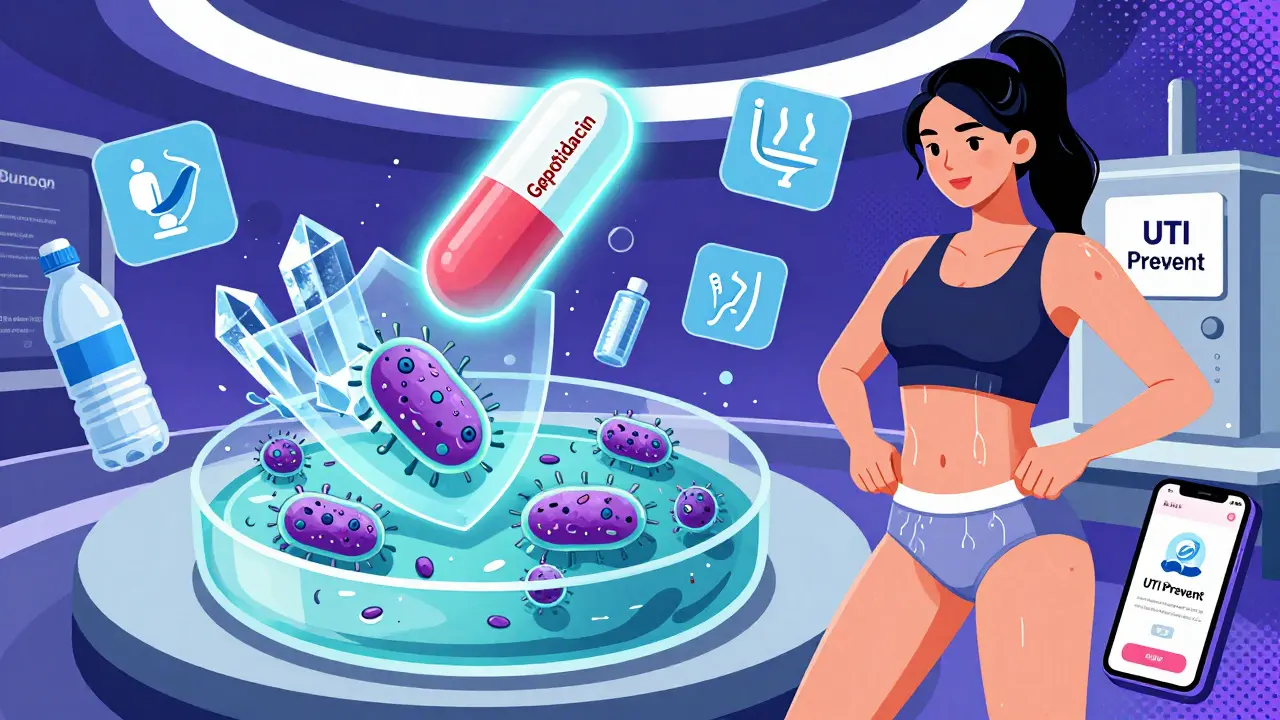 Píldora Gepotidacin repeliendo bacterias resistentes, con probióticos y ropa de algodón en escena futurista de estilo Memphis.