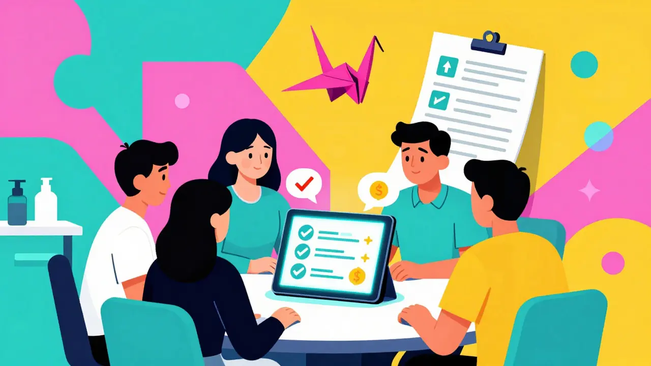 Reunión diaria de equipo en clínica con tablet y sugerencias de IA en estilo geométrico y vibrante.