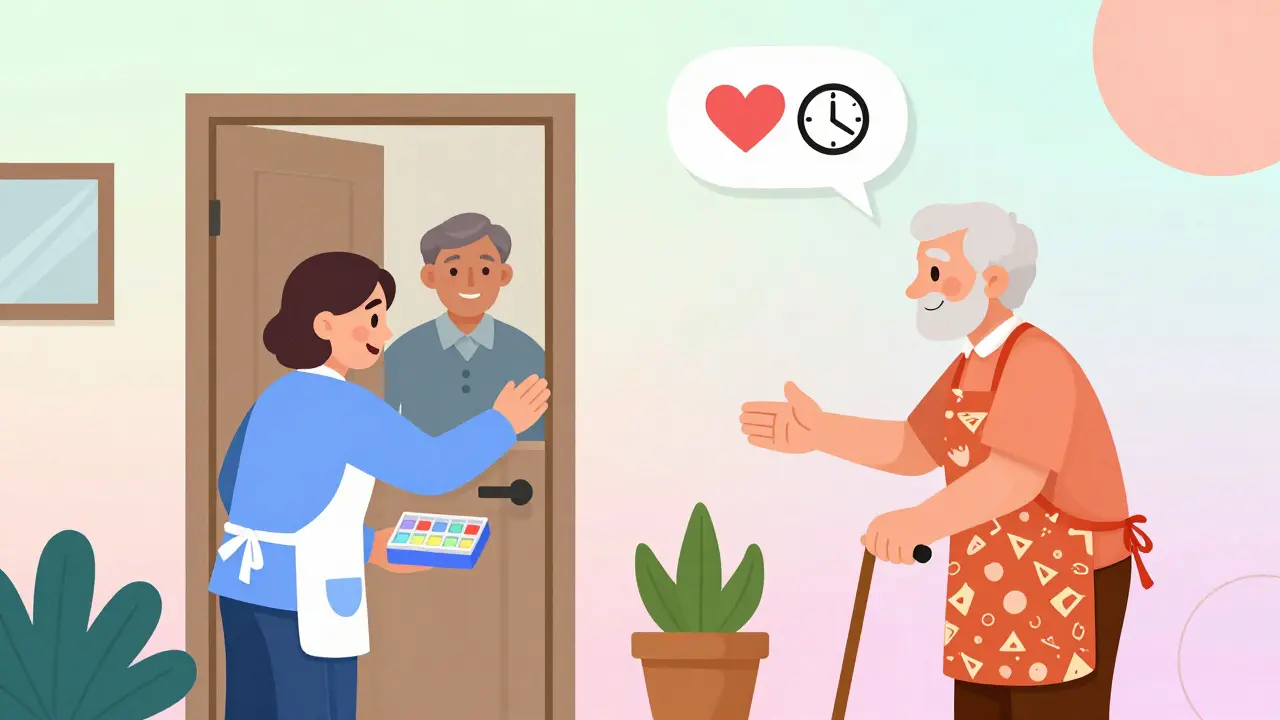 Trabajador comunitario visita a una persona mayor en su hogar con un organizador de medicamentos.