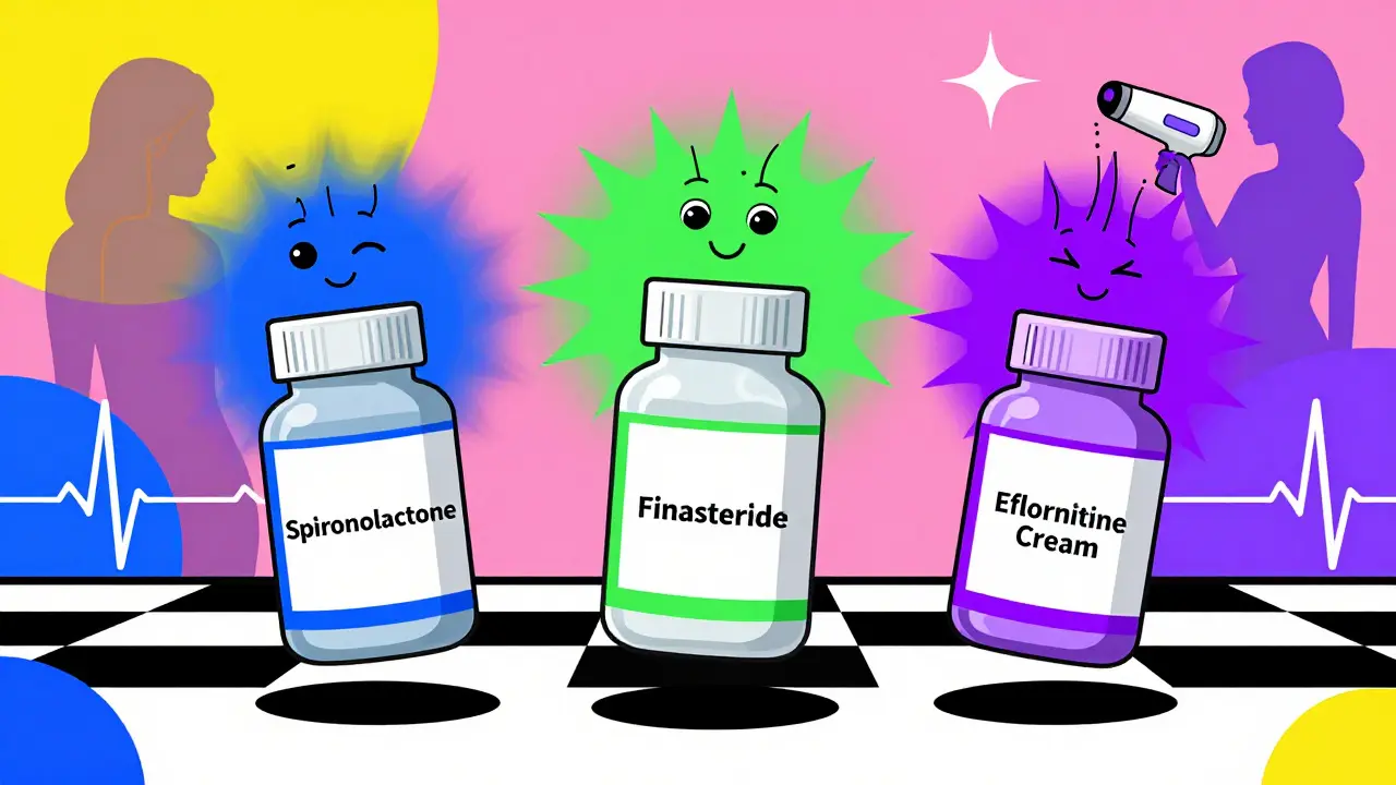 Tres medicamentos en forma de personajes con rayos que reducen el vello, en estilo Memphis colorido y abstracto.