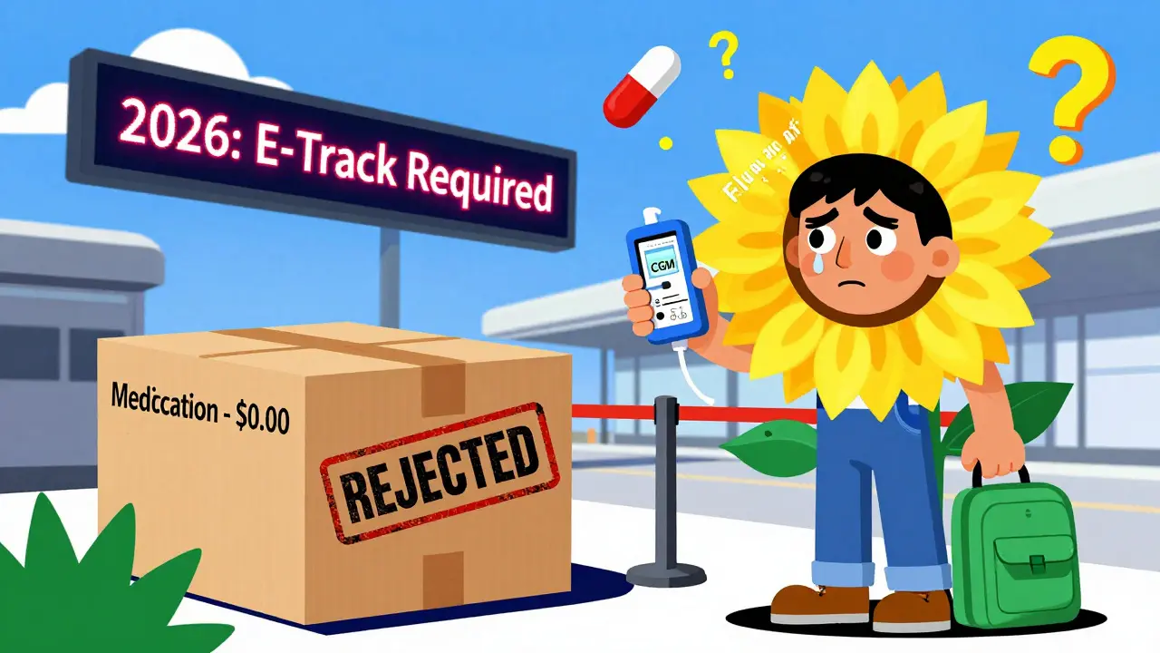 Viajero en aeropuerto con dispositivo médico mientras una caja de medicamentos es rechazada con sello rojo.