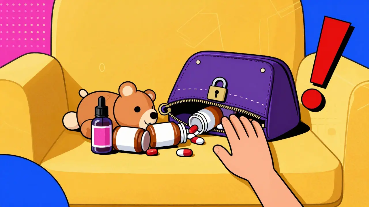 Vista desde el suelo: un bolso abierto con medicamentos y líquido de vape cerca de un juguete.