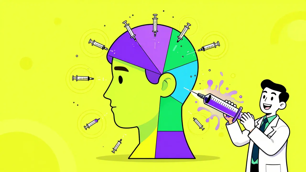 Cabeza estilizada con siete zonas de inyección de Botox, círculos que bloquean señales de dolor, neuroólogo aplicando tratamiento con estilo geométrico.