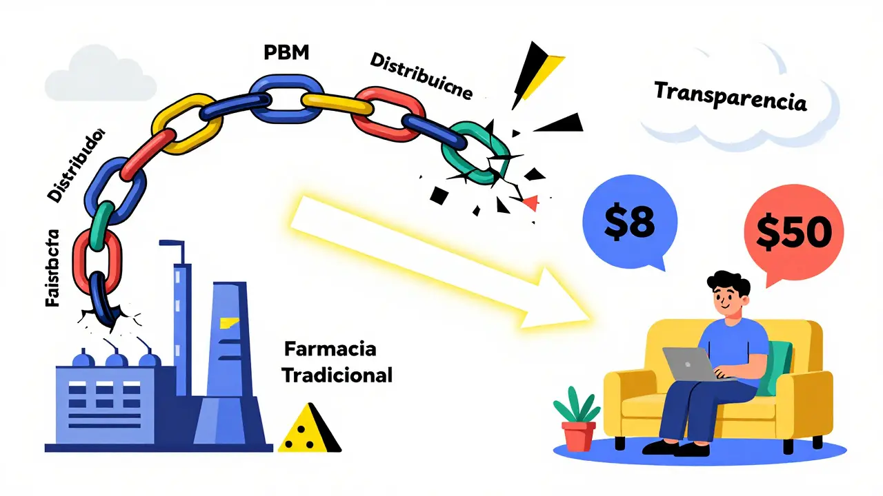 Cadena de suministro rota mientras un medicamento va directamente del fabricante al paciente, con etiquetas de precio.