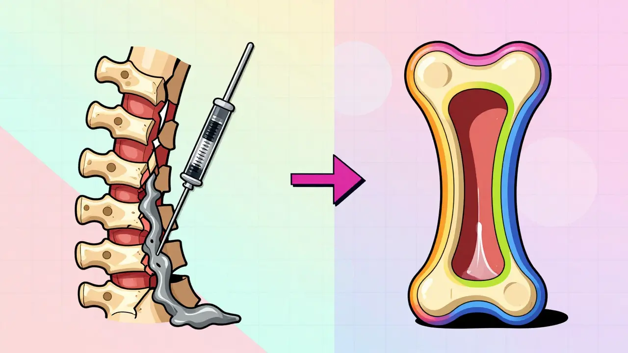 Comparación visual entre vertebroplastia y kyphoplastia: inyección directa vs. uso de un balón inflable dentro del hueso, en estilo Memphis.